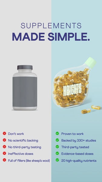 This vertical creative uses a split-screen design to contrast an anonymous, filler-heavy supplement bottle against a transparent, science-backed product.